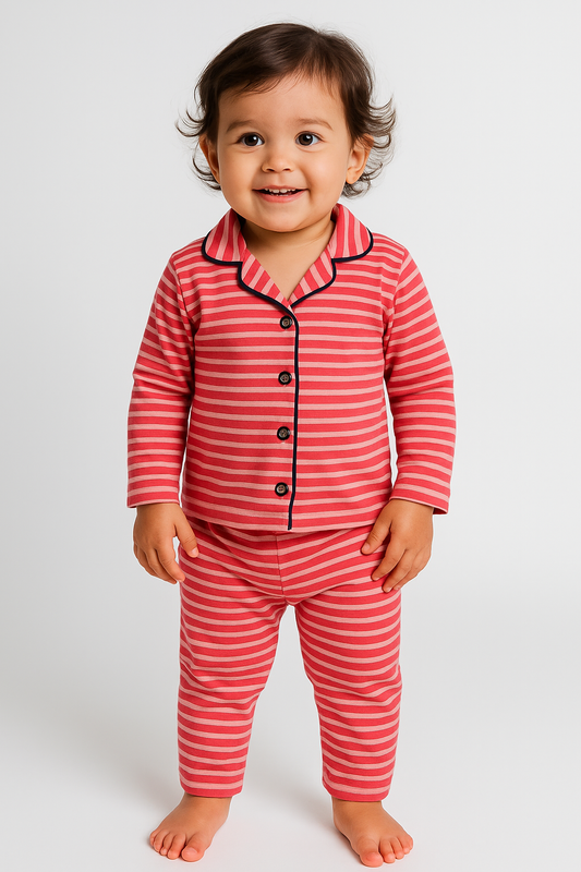 Kids’ Loungewear Collared sets (Red Peach Stripes)  (1-4 Yrs)