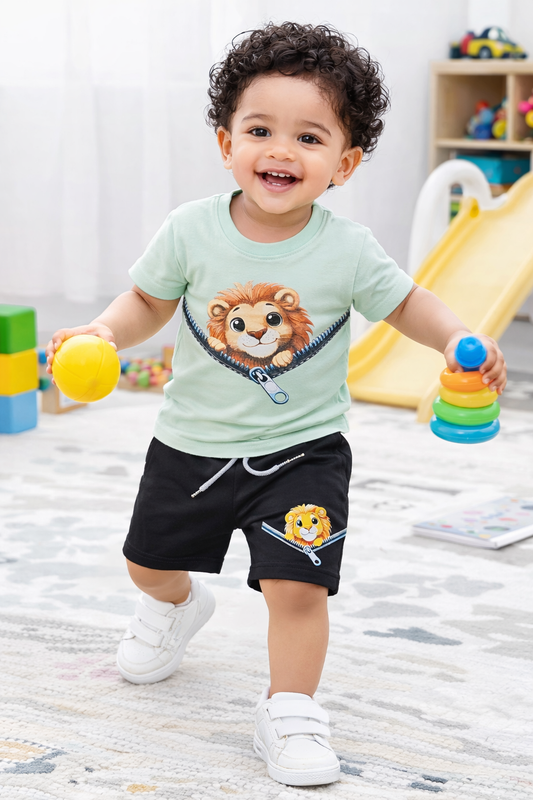 Airport - 🧸 Kids Cartoon Co-ord Set – Half Sleeves T-shirt + Shorts (Green Lion)
