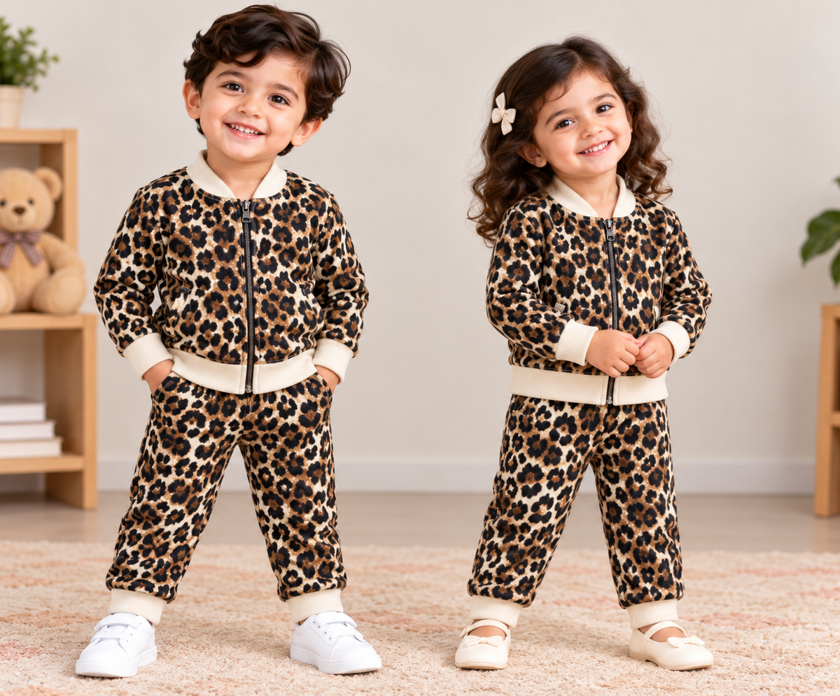 Kids Loopknit Winter Set – Full-Zip Top & Pants, Brown Cheetah (FZ001)