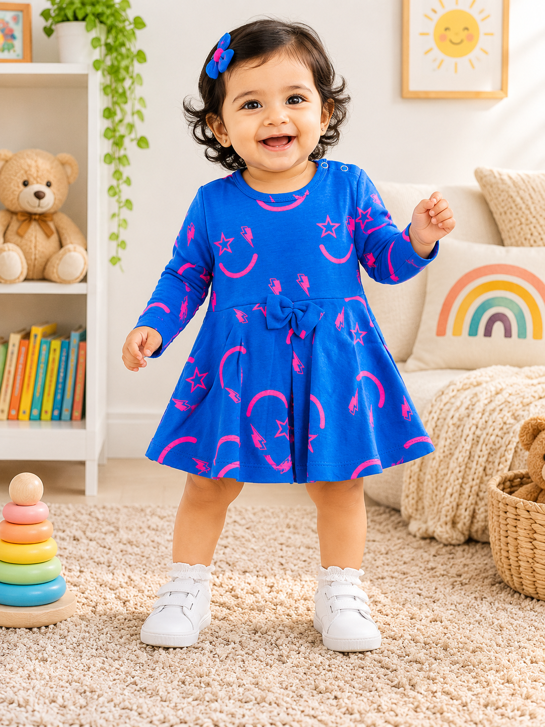 Full Sleeves Frocks with Shoulder Buttons (Blue Pink Star)