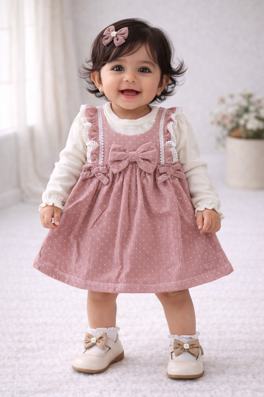 (KF015) - Premium Korean Style Baby Frock (Cream Pink Dots)