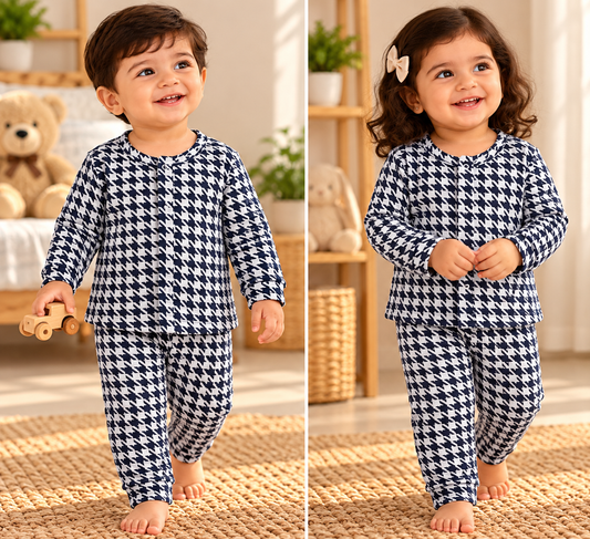 Kid's Front Open Lounge Wear Sets (Black White Design)