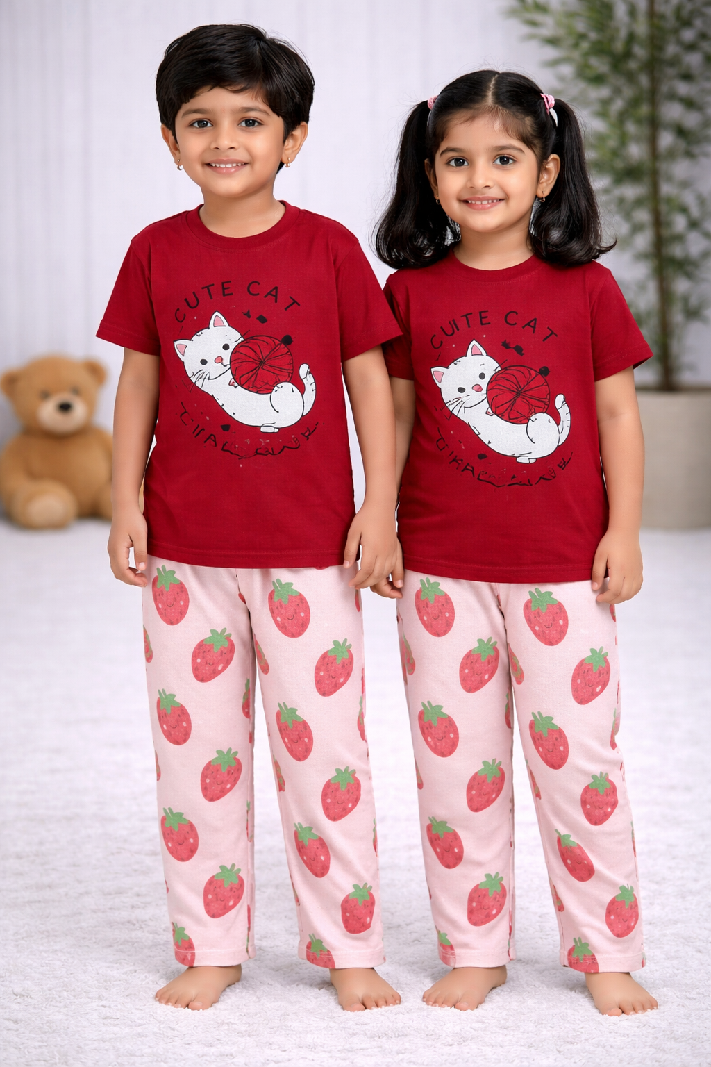Premium Cotton Contrast Half Sleeves Pajama Set (Red KITTY + Sterberry)