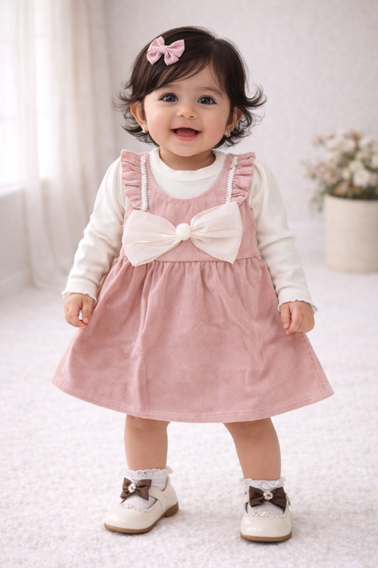 (KF004) - Premium Korean Style Baby Frock (Light Pink Bow)