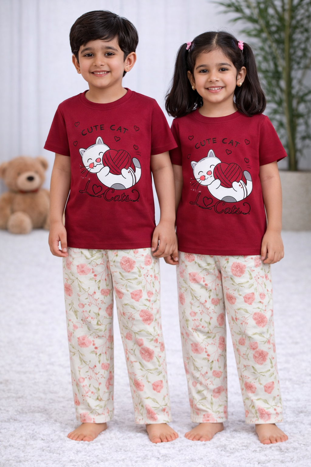 Premium Cotton Contrast Half Sleeves Pajama Set (Red KITTY + Green Leaf )