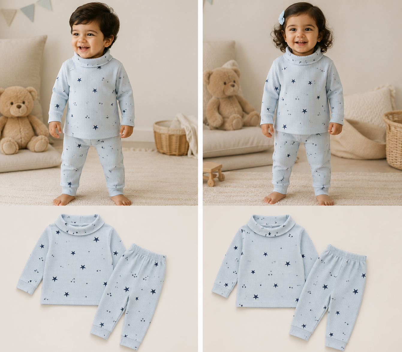 High Neck Ribbed  Full sleeves Tshirt with Pant (Light Blue Star)