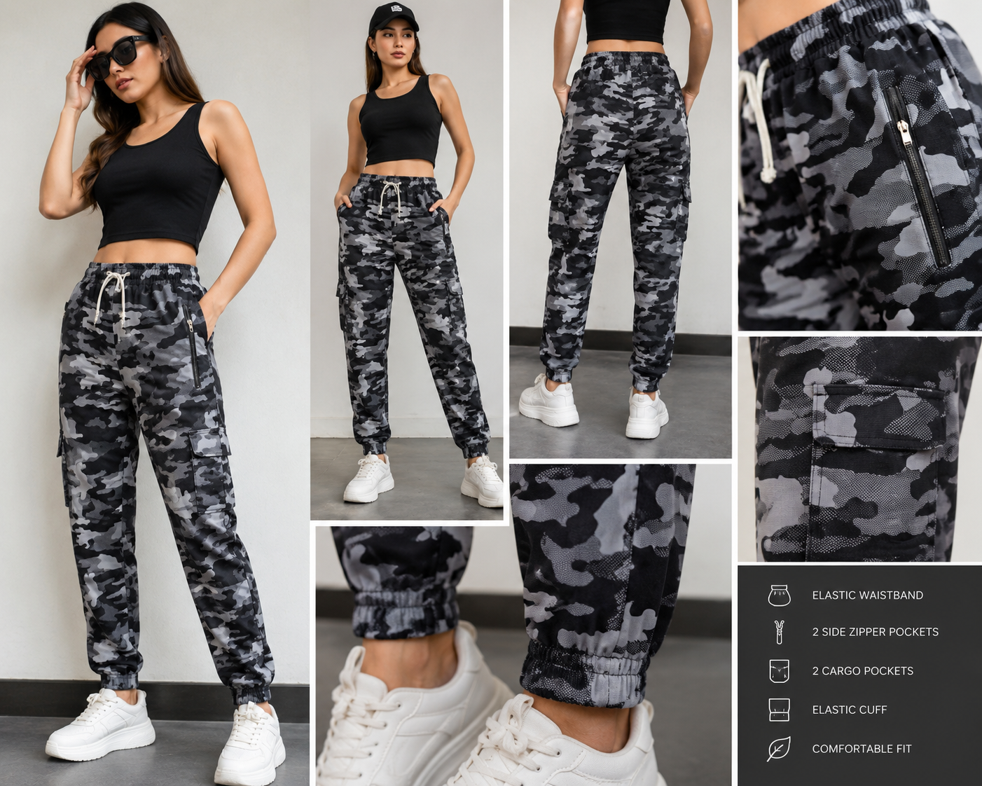Stretchable Fourway Lycra Cargo Pant- Military( Black / Grey)