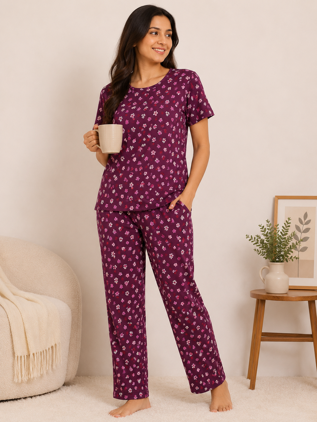 Women's Premium Cotton T-Shirt & Pant Co-Ord Set Lounge Wear With Pocket (Purple Red Flower)