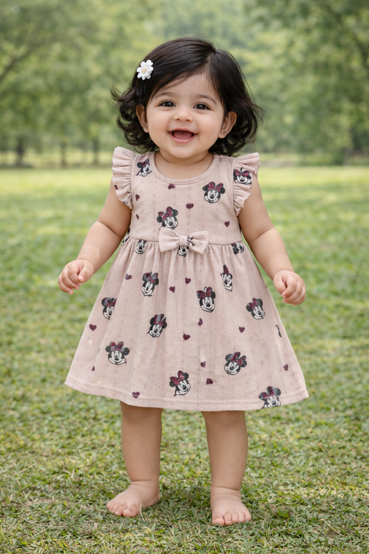 Half Sleeves Frill Frocks with BOW (Lite Brown And Mickys)
