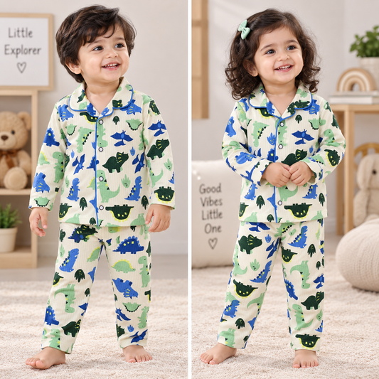 Premium Ribbed Collar full Sleeves Night Suit Sets (Green Blue Dino)