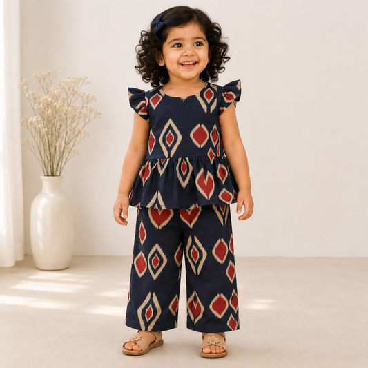 Girls Casual Cotton Printed Semi- Peplum Top & Pant Co-ord Set (0-11 Yrs) (C041)