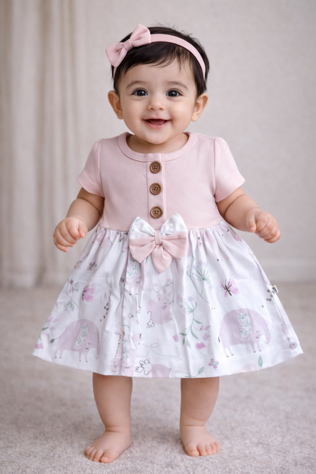 Cotton Front Button Bow Frocks(Light Peach With Giraffe)