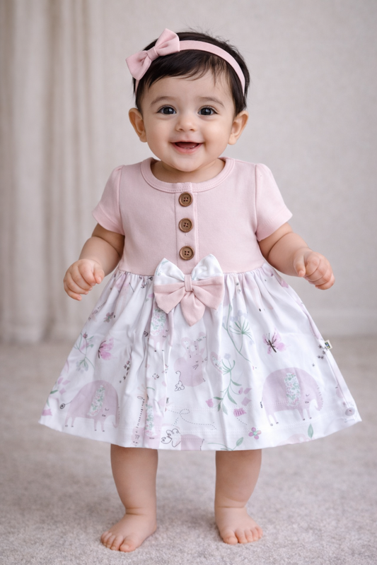 Cotton Front Button Bow Frocks(Light Peach With Giraffe)