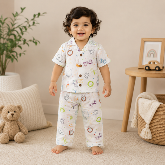 Airport - Kids Muslin Printed Co-ord Set – Collar Shirt & Pant (Animals & Dots)
