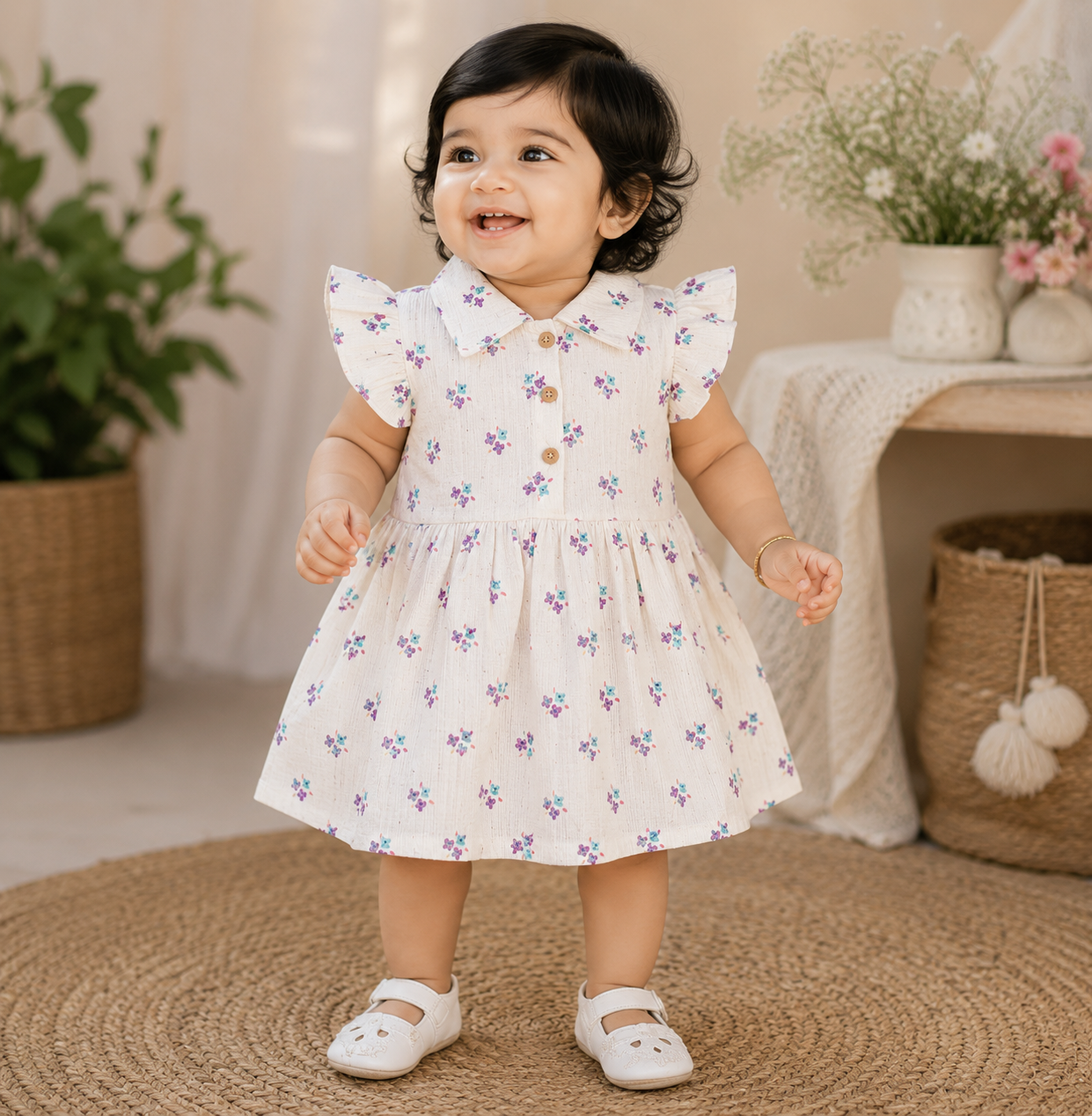 Collared Frill Frocks ( Cream Purple Flowers)