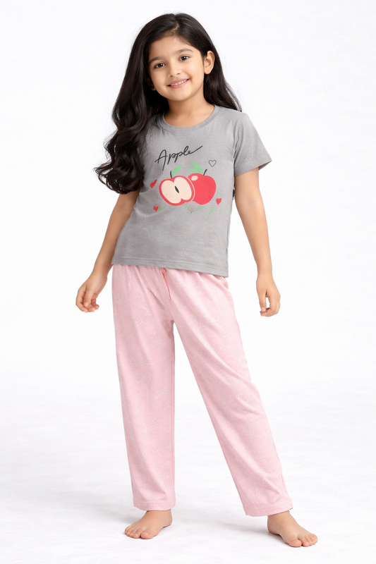 Premium Cotton Contrast Half Sleeves Pajama Set (Grey Apple- Rabbit)