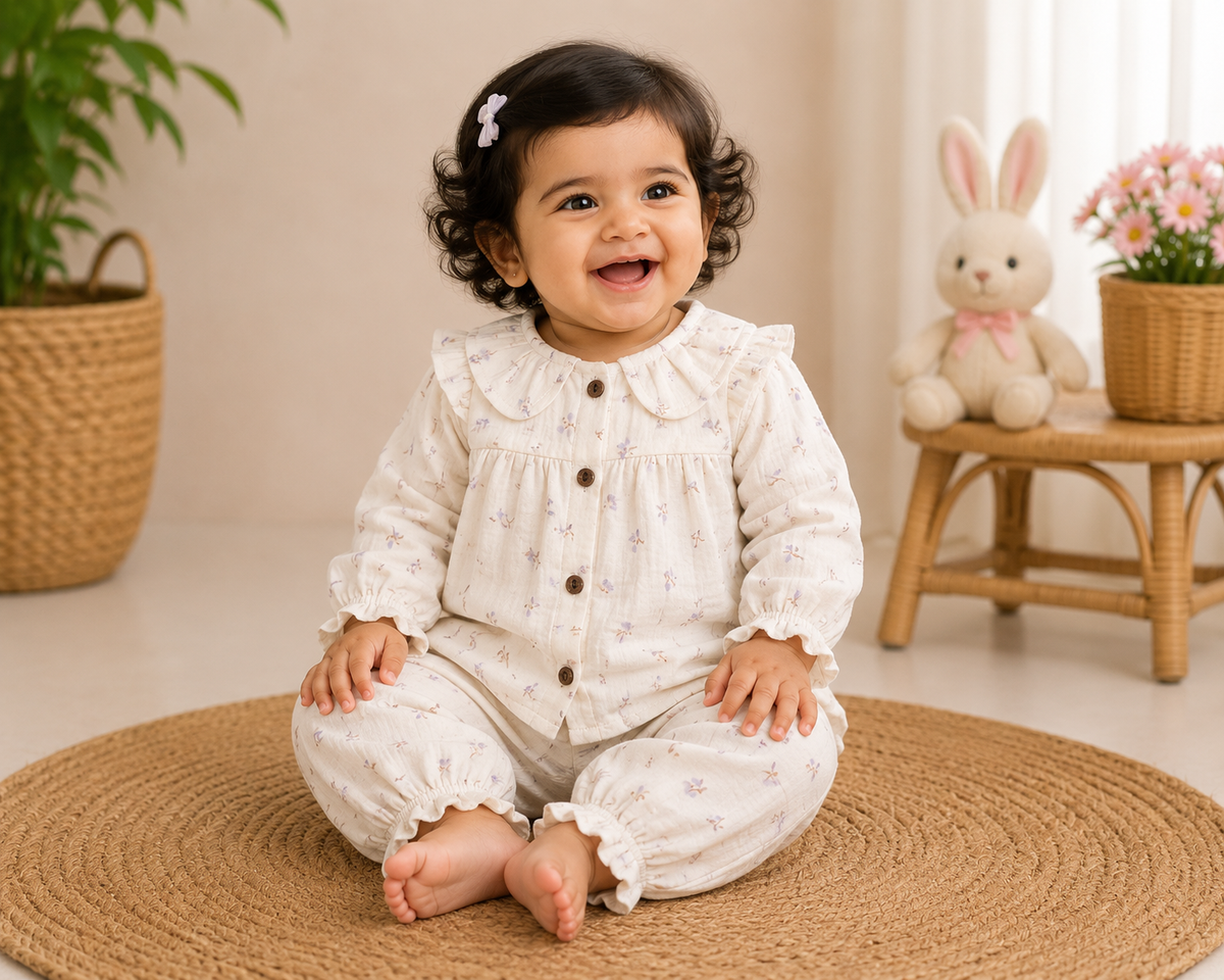 Airport - Kids Muslin  Peter Pan Collar  Balloon Sleeves Frock With Pant (Cream small flower)