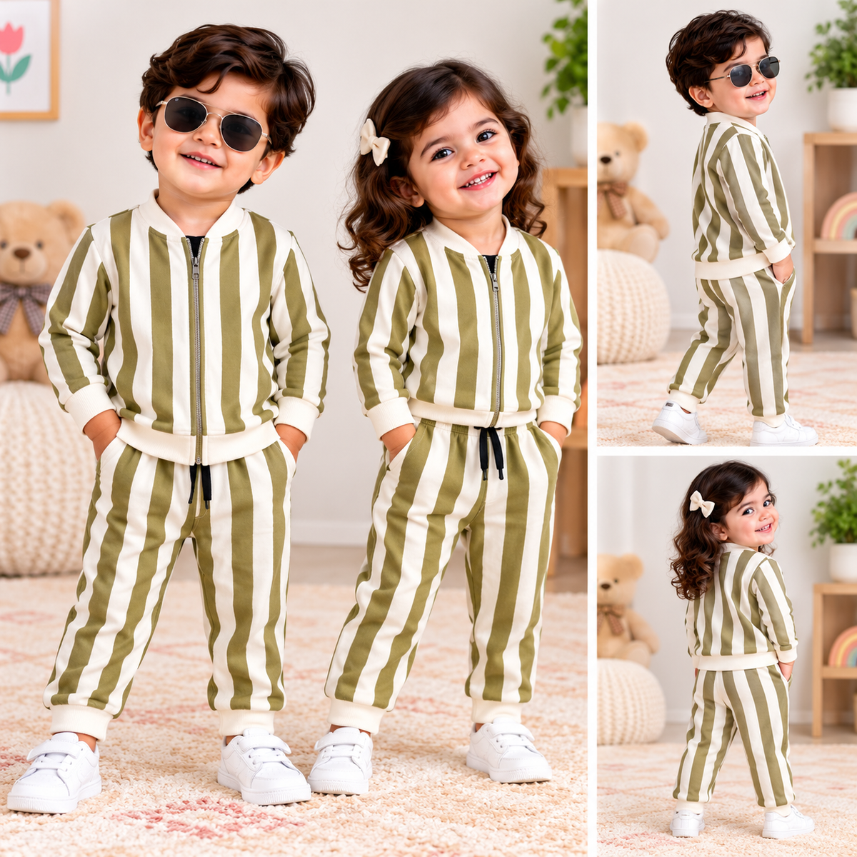 Kids Loopknit Winter Set – Full-Zip Top & Pants, Cream Pista Stripes (FZ007)