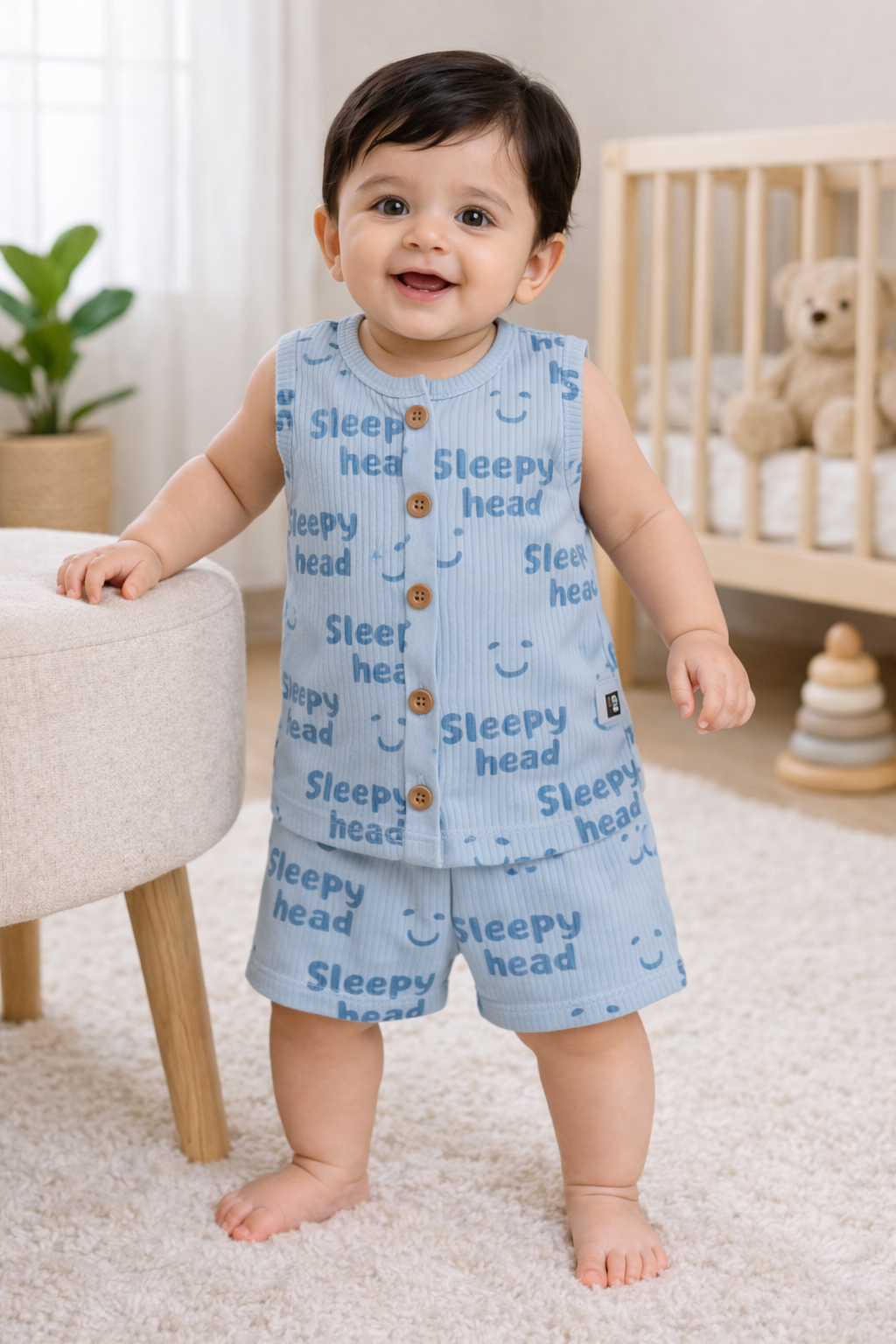 Ribbed Cotton Sleeveless Shorts Sets ( Ice Green "Sleepy Head)