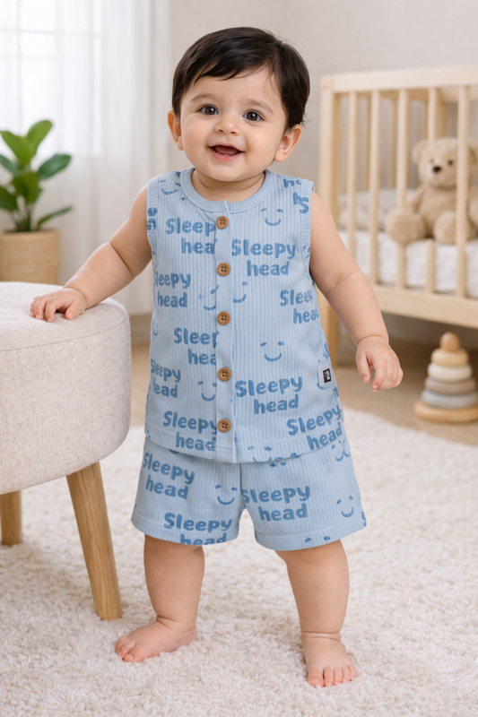 Ribbed Cotton Sleeveless Shorts Sets ( Ice Green "Sleepy Head)