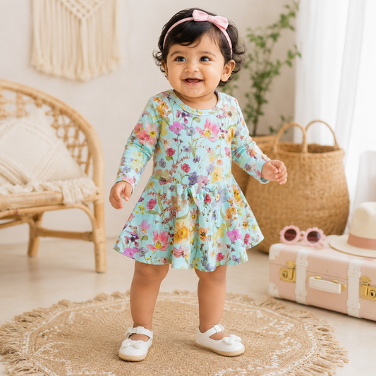 Full Sleeves Frocks with Shoulder Buttons (Multicolor Hibiscus Flower)