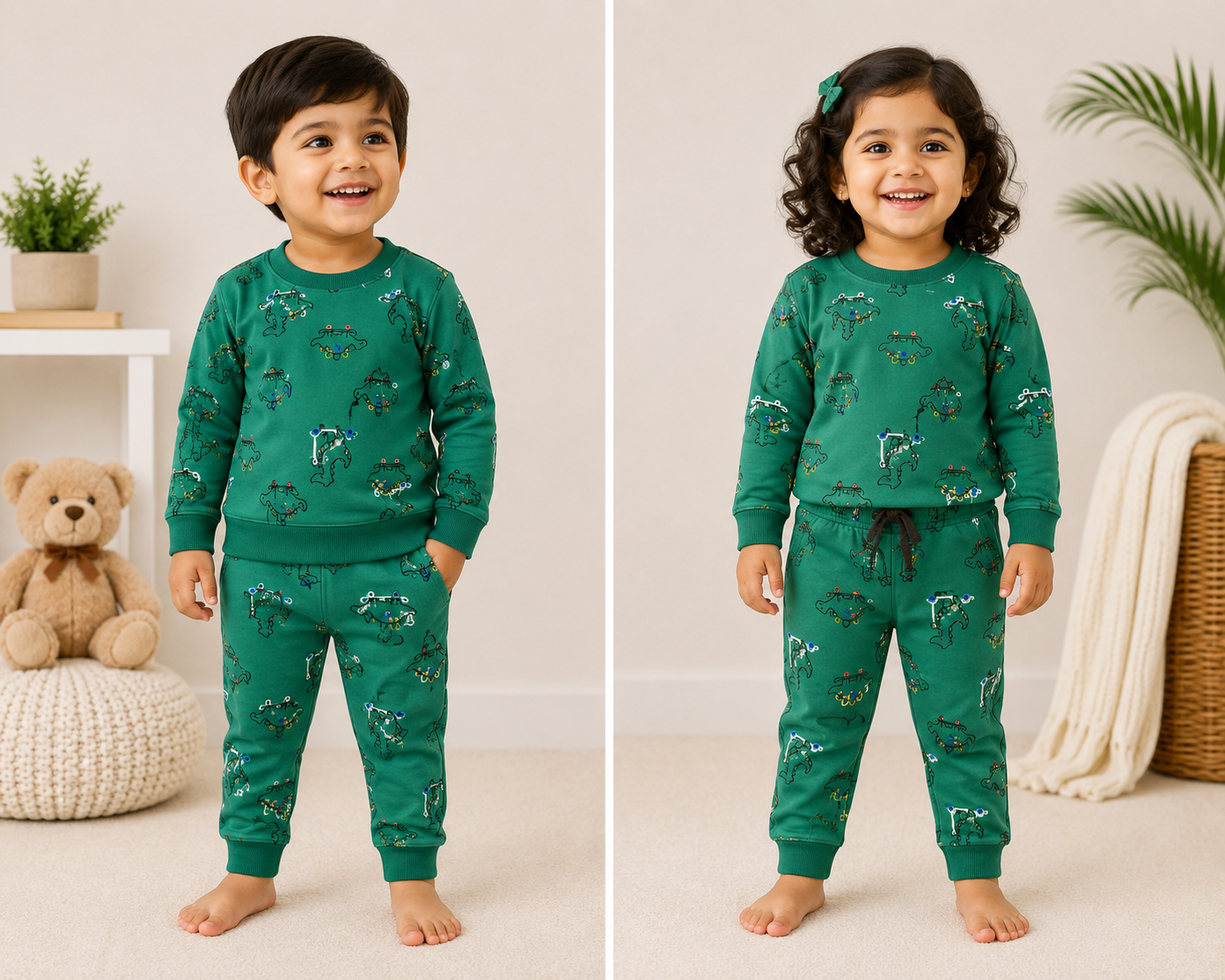 Premium Winter Full Sleeves T-Shirt with Pant (Dark Green Dino)