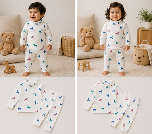 High Neck Ribbed  Full sleeves Tshirt with Pant (Colorful Puppy)
