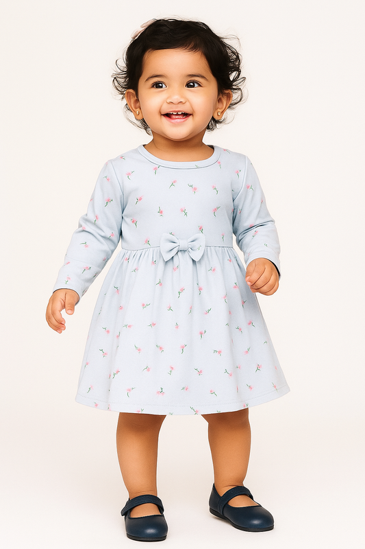 Full Sleeves BOW Frocks (Light Blue Flowers)