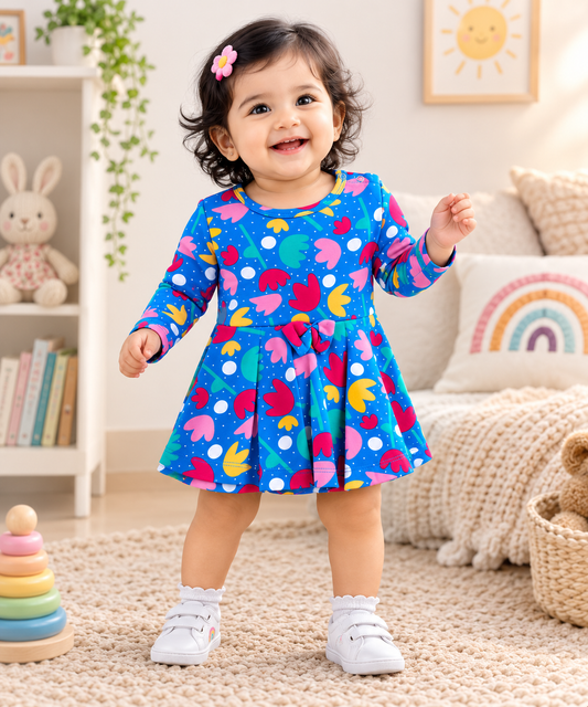 Full Sleeves Frocks with Shoulder Buttons (Blue White Dots & Flower)