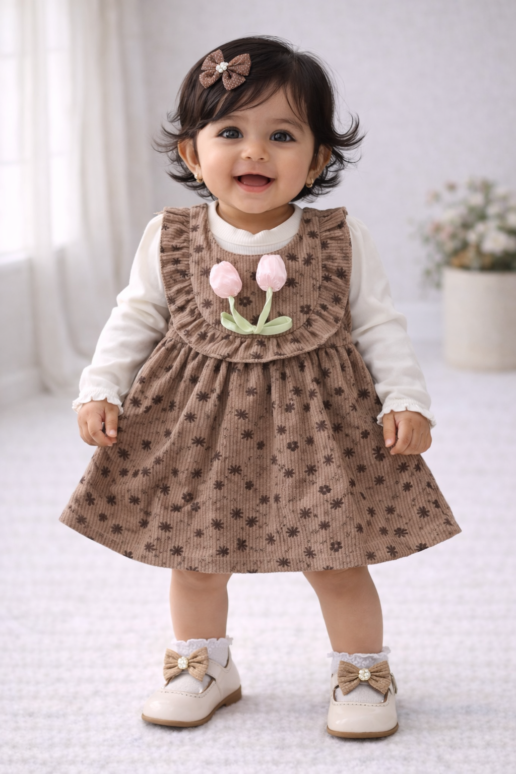 (KF013) - Premium Korean Style Baby Frock (Brown Flower)