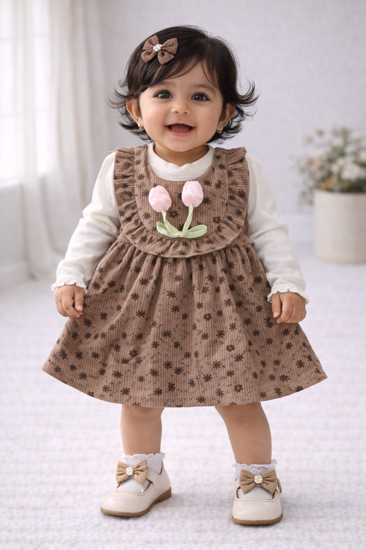 (KF013) - Premium Korean Style Baby Frock (Brown Flower)