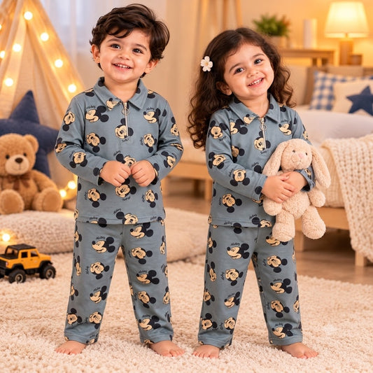 Premium Fleece Winter Set –  Zipper T-Shirt With Pant (Grey - Micky)