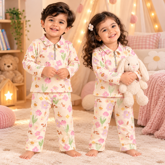 Premium  Winter Set –  Zipper T-Shirt With Pant (Cream  flower)