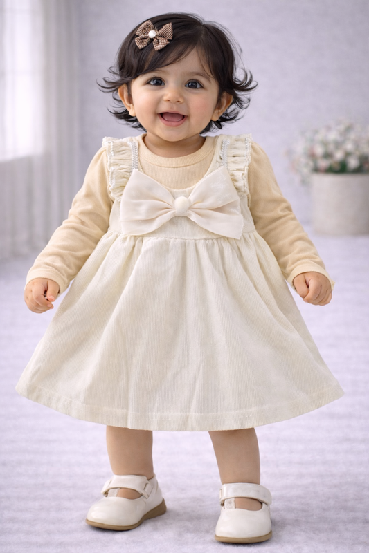 (KF011) - Premium Korean Style Baby Frock (Cream Big Bow)