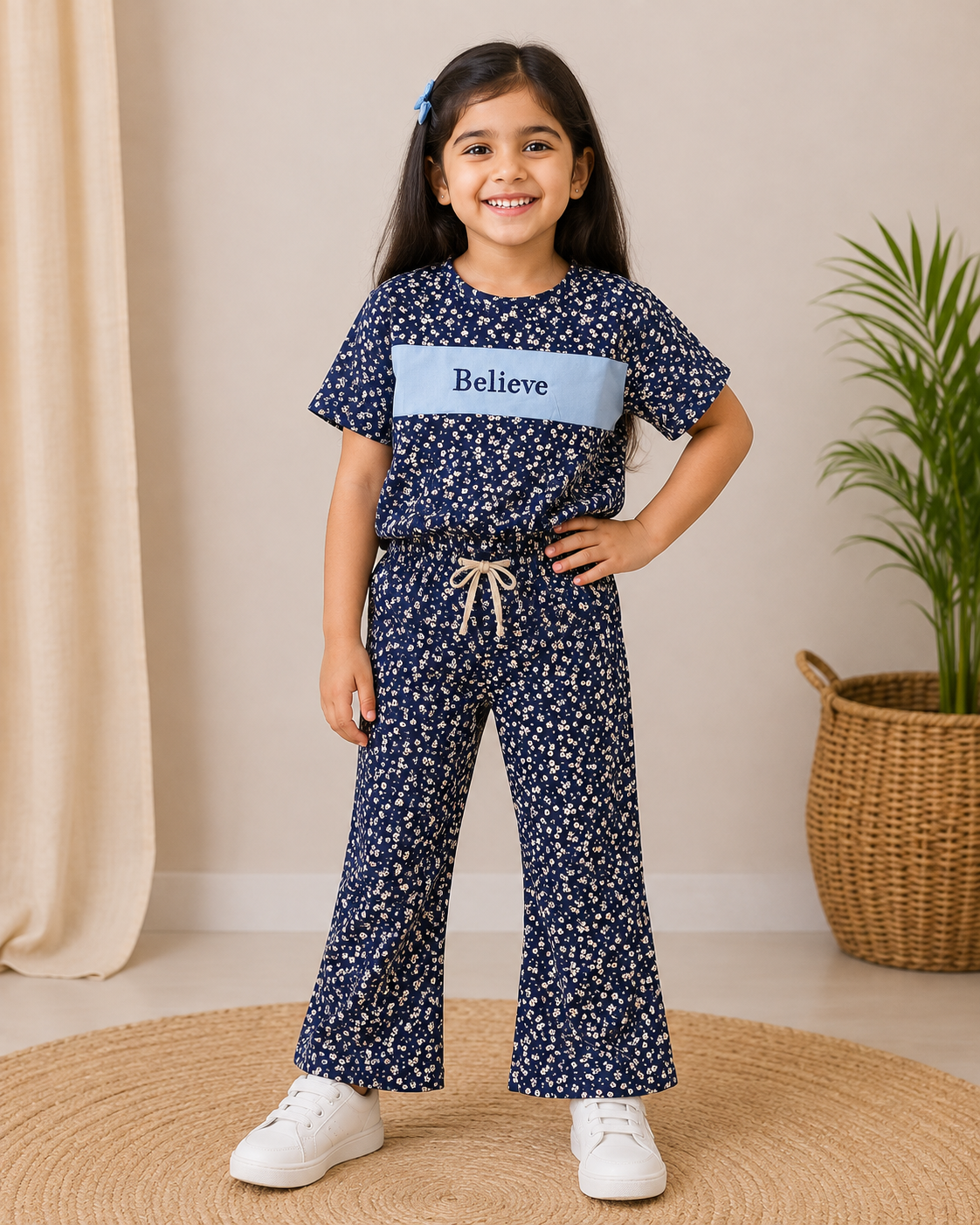 Girl's Crop Top With Pant (Navy - Believe)