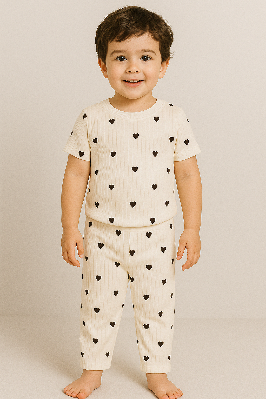 Premium RIBBED Shorts sleeves Tshirt with Pant (White and black Heartin)