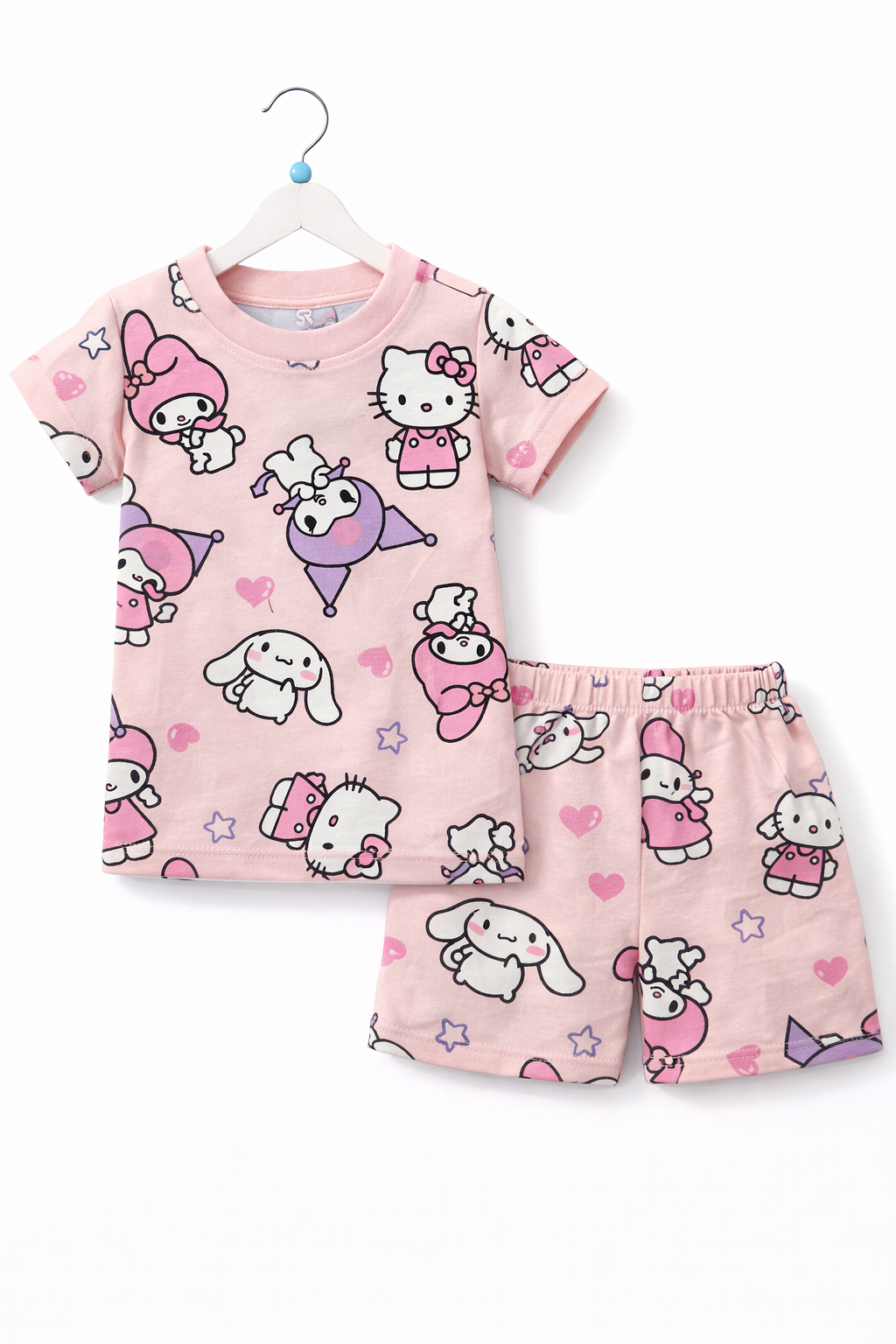 Shorts Sleeves Tshirt with Shorts Sets (Sky Pink Heart)