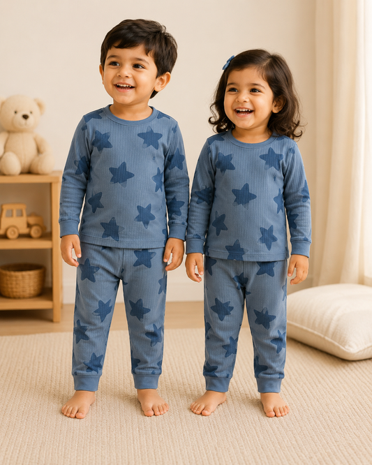 Premium   Ribbed  Full Sleeves T-Shirt With Pant (Blue Big Stars)