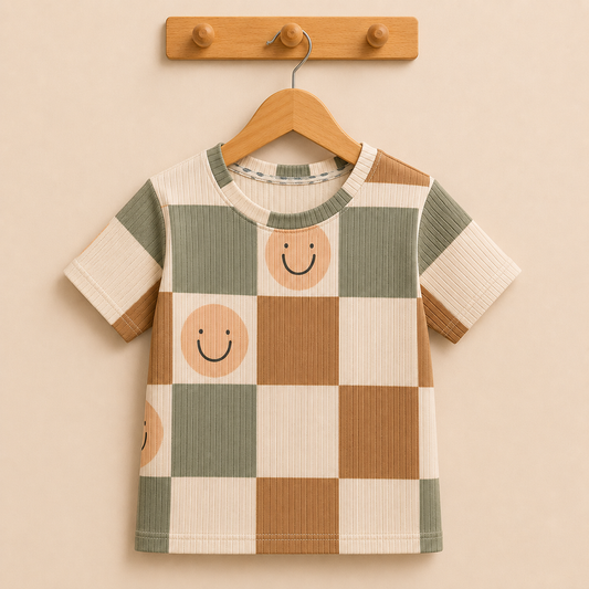 Premium Half  Sleeves Ribbed  Tshirt (Check Smiley)