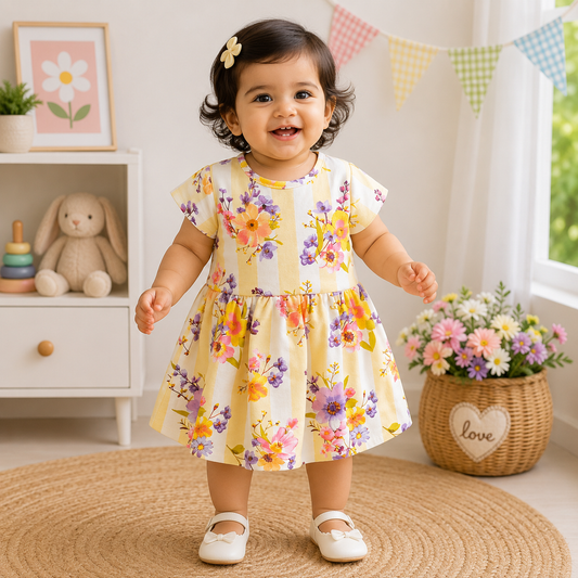 Half Sleeves  Frocks (Yellow Stripes Flower)