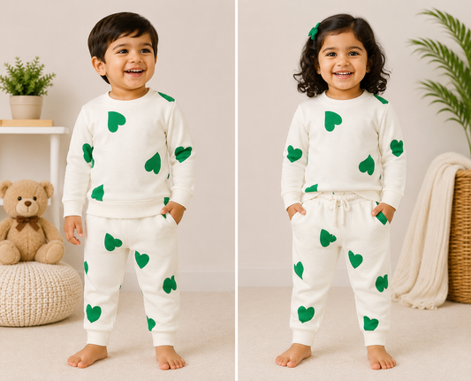 Premium Winter Full Sleeves T-Shirt with Pant (Cream Green Hearts)