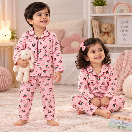 Premium Ribbed Collar full Sleeves Night Suit Sets ( Dark Pink Floral)