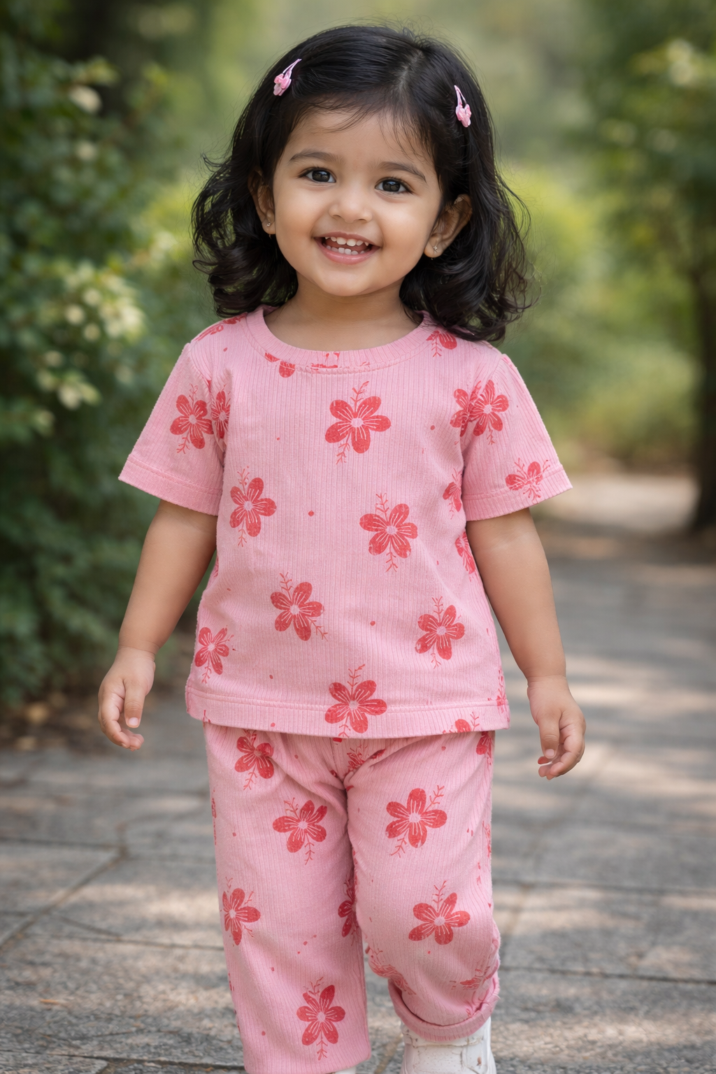 Half sleeves Tshirt with Pant (Red Daisy)