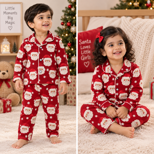 Premium Ribbed Collar full Sleeves Night Suit Sets (Maroon Christmas Father)