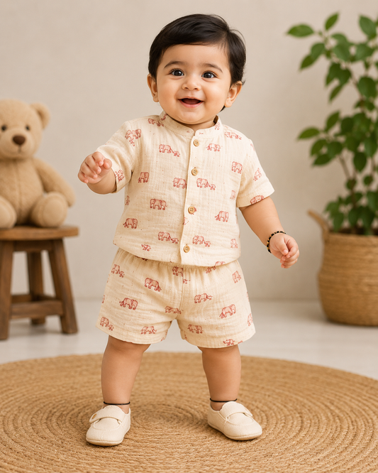 Airport - Kids Muslin Co-ord Set – Front Open Collar Shirt & Shorts  (Maroon Elephant )