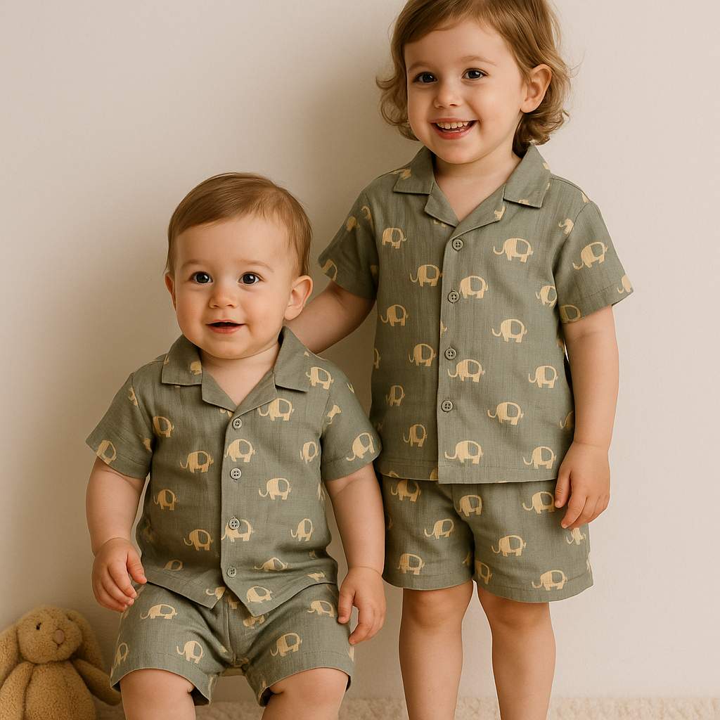 Muslin Front open Tshirt with Shorts Sets (Green Elephant)