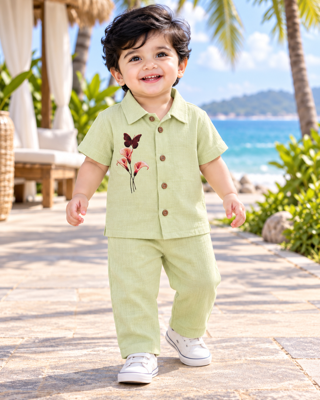 Airport - Kids Muslin Print Collar Shirt & Pant (Green Butterfly Flower)