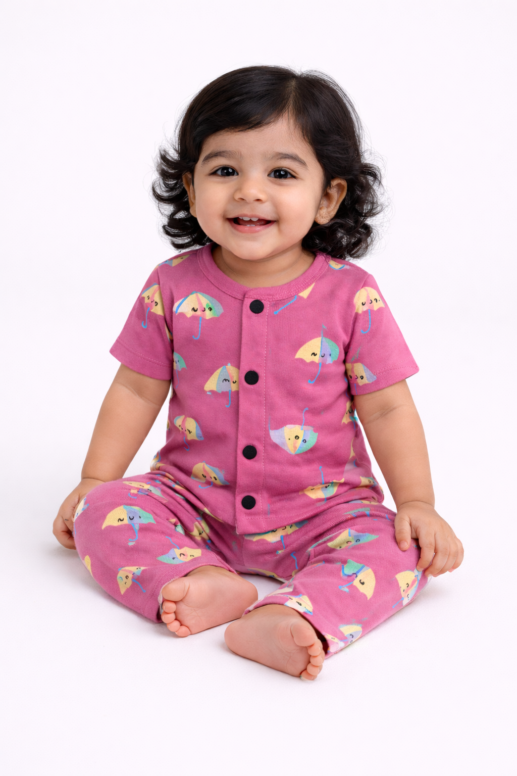 Front Open Half sleeves Cotton Tshirt with Pant ( Lavender Pink Umbrella)