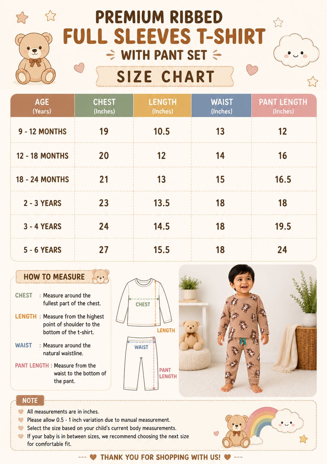Premium  Ribbed Full  sleeves Tshirt with Pant ( Cream Toys Face)