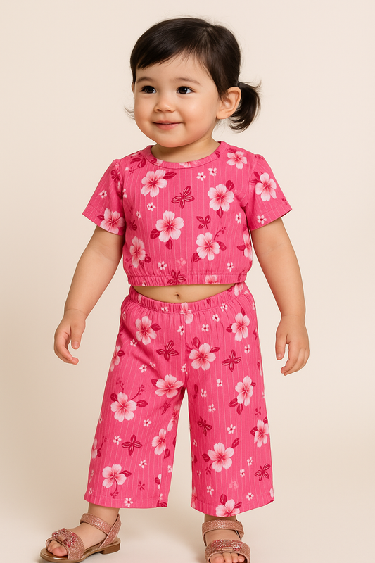 Crop Top & Palazzo Pant set (Pink blooming Flowers)